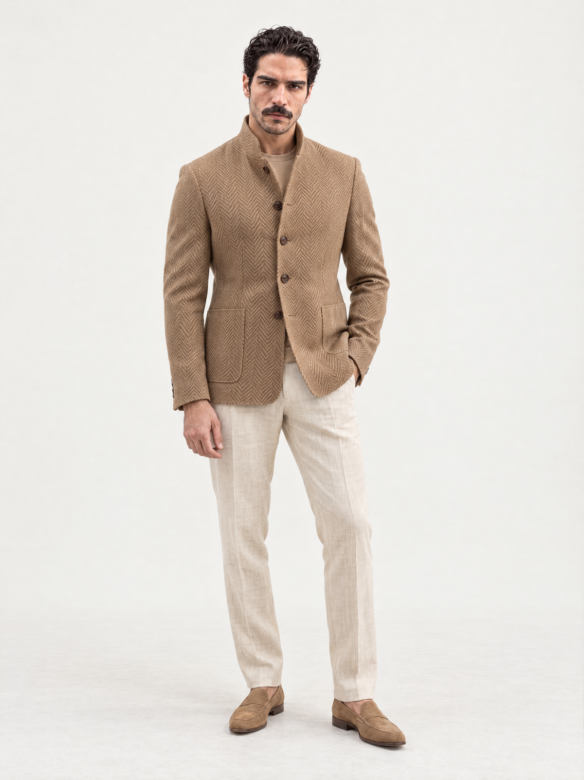 Camel Keten Herringbone Ceket