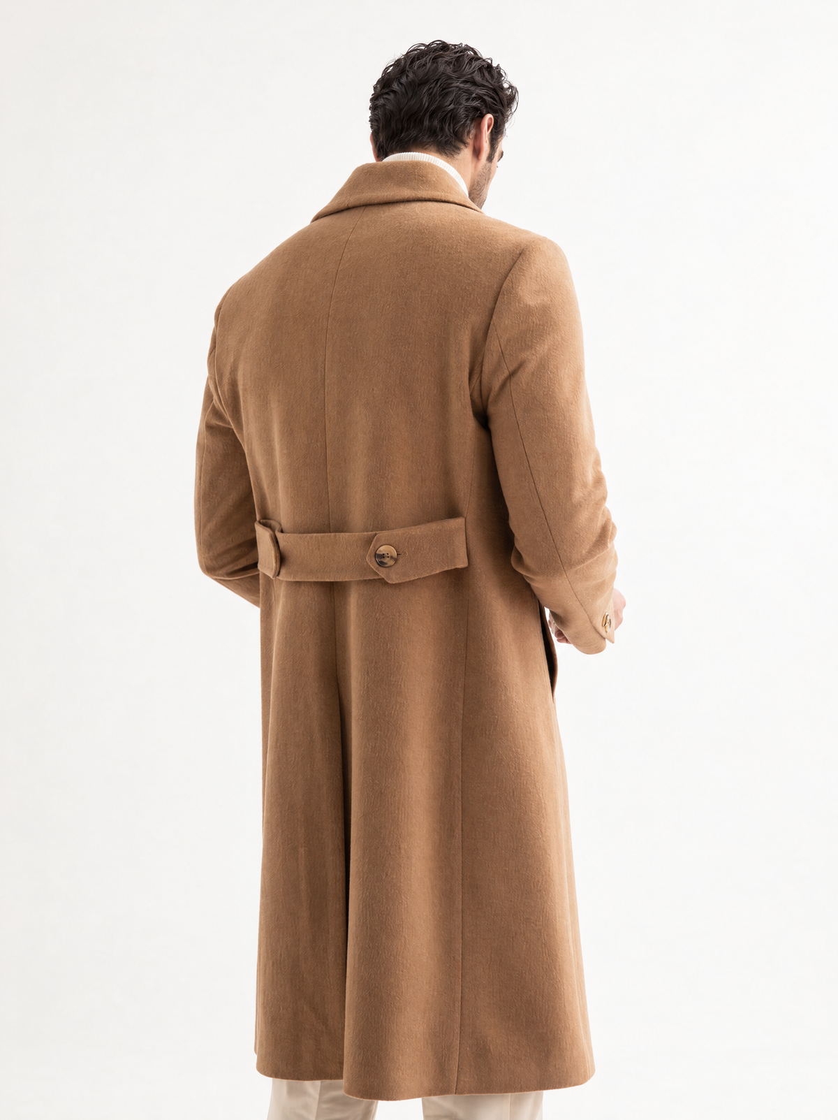 Camel Kaşmir Kruvaze Palto, arkadan görünüm